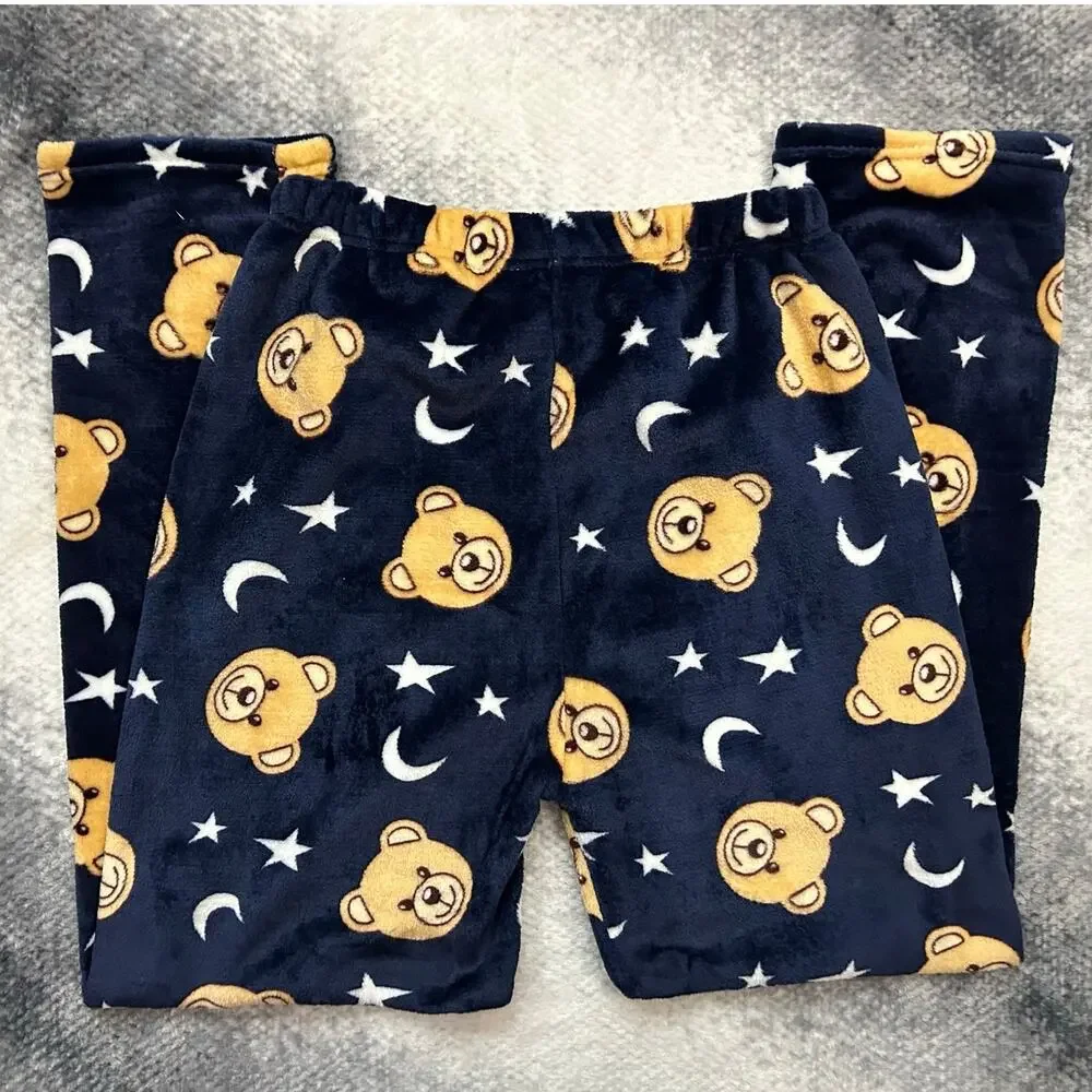 Fashion Navy Blue Plush Bear Moon Star Pajama Lounge Pants Women Size XS - Small - Picture 3 of 10